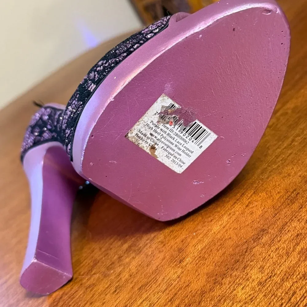 Evergreen Lace High Heel Wine Holder Purple and Black with Feather Accent